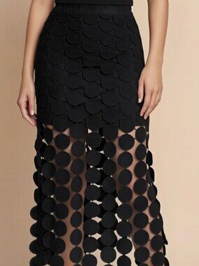 CICY BELL Black Hollow Out Circle Fringe Hem Maxi Skirt
